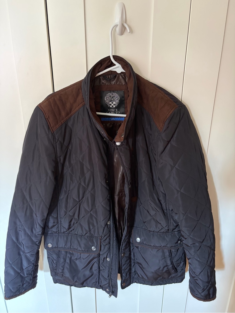 Vince Camuto Quilted Black Jacket with Brown Shoulder Accents